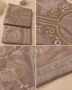 Dusty Mauve Suit with Embroidered Neckline and Pure Silk Tissue Dupatta