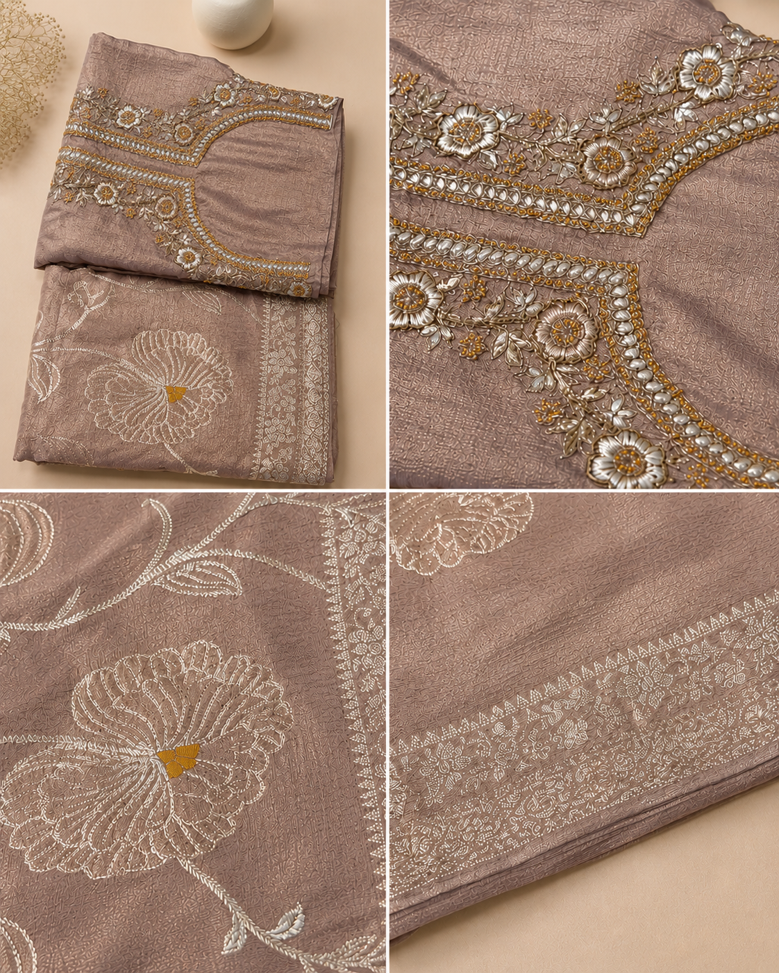 Dusty Mauve Suit with Embroidered Neckline and Pure Silk Tissue Dupatta