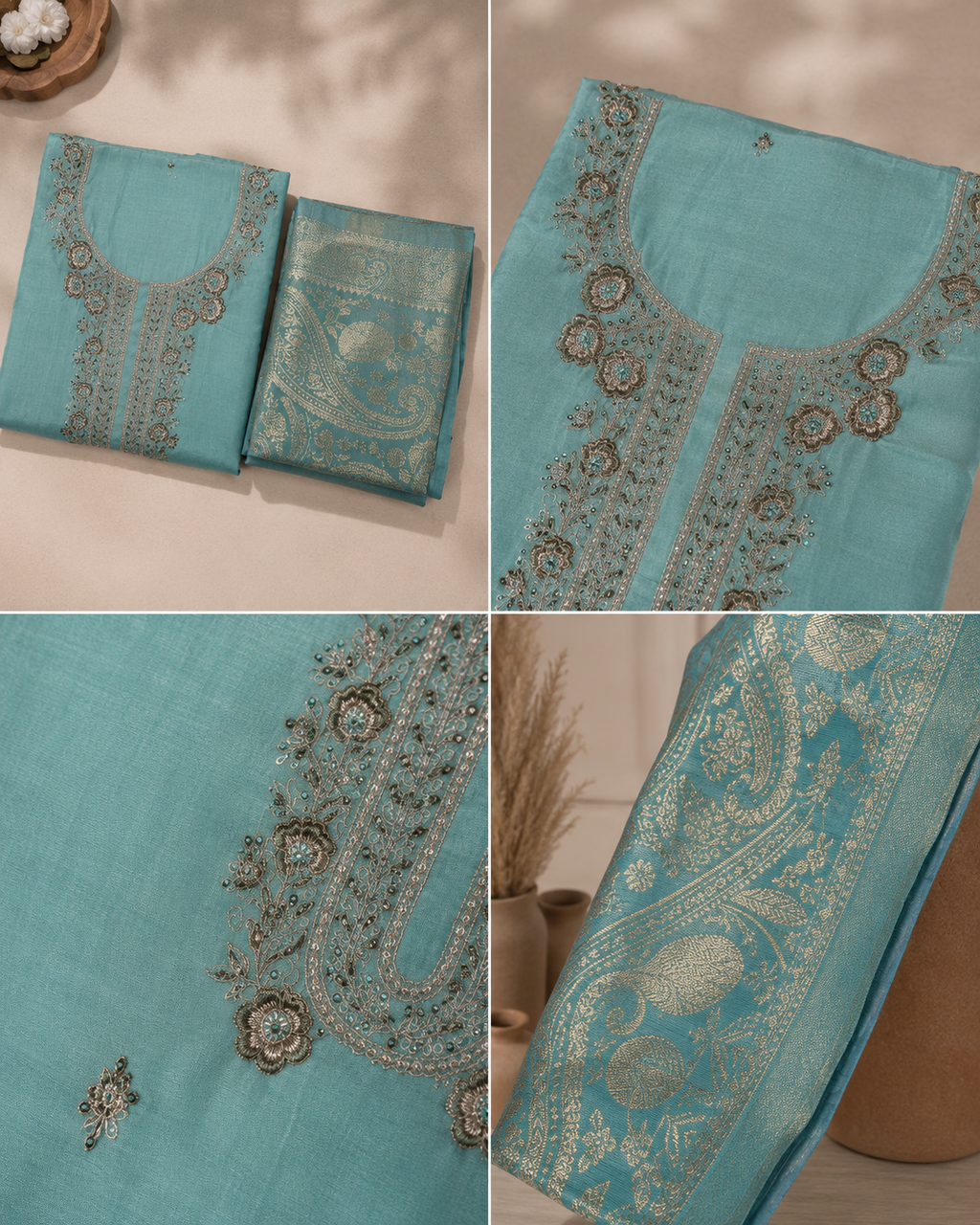 Soft Aqua Mul Chanderi  Suit with embroidered Neckline and Pure Banarasi dupatta