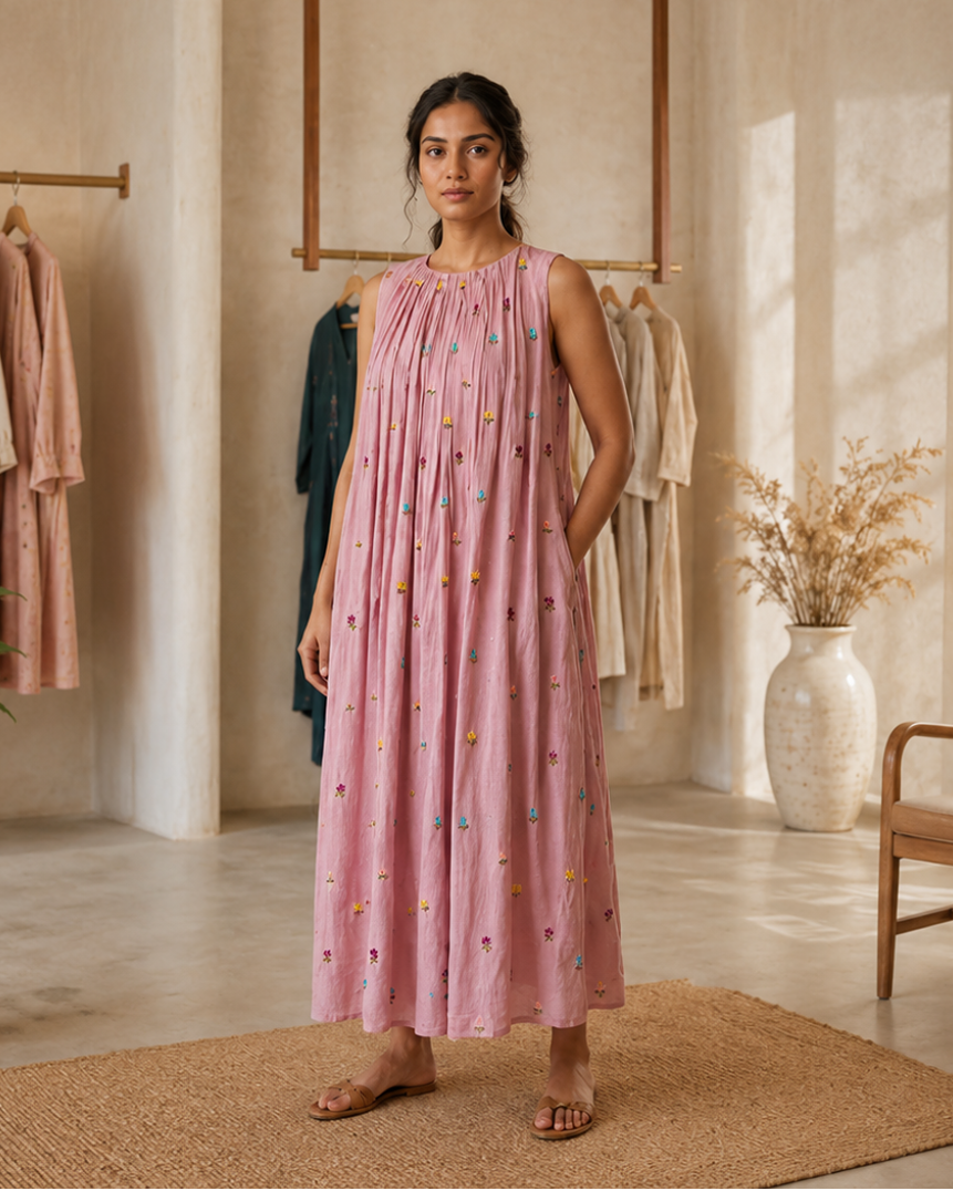Blush Pink Sleeveless Pleated Kurta  AYLN008