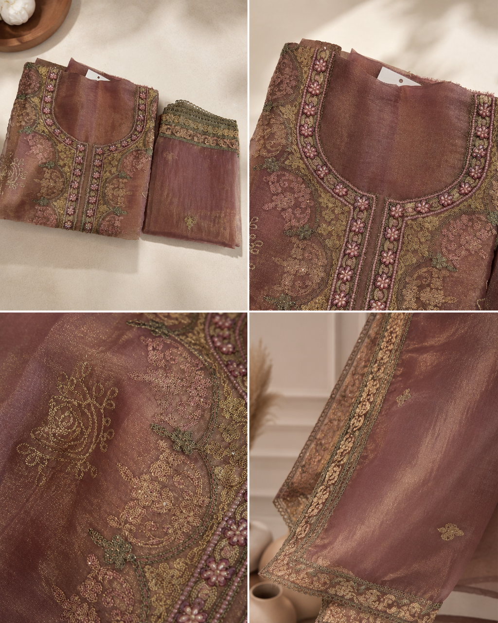 Mocha Mauve Suit with  pure Tissue Silk dupatta