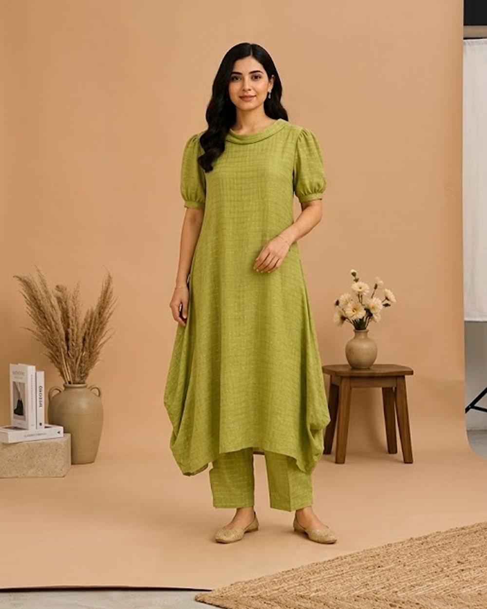 Sage green textured A-line elegant 2-side cowl dress AYLIN0040