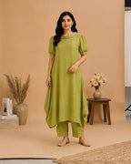 Sage green textured A-line elegant 2-side cowl dress AYLIN0040