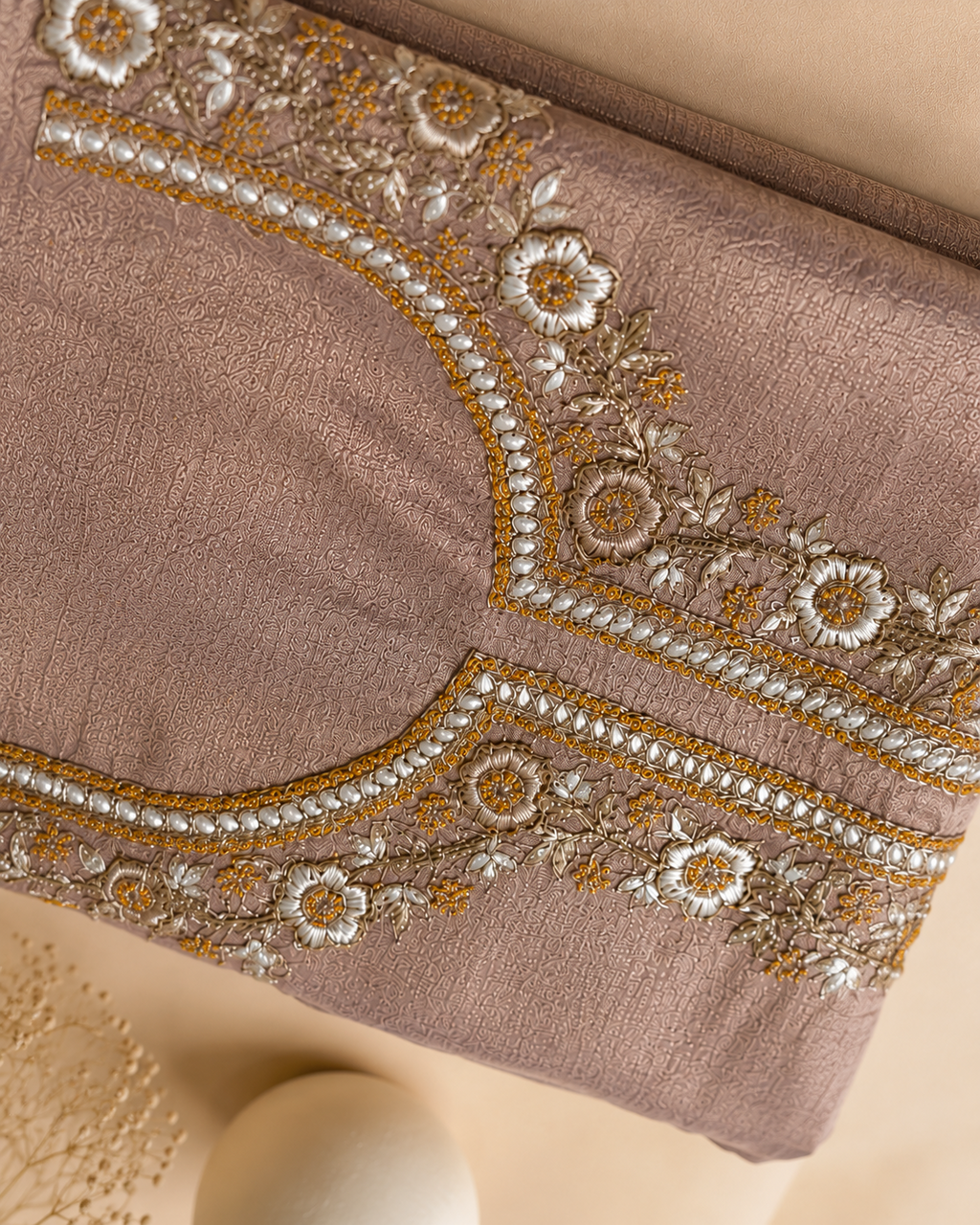 Dusty Mauve Suit with Embroidered Neckline and Pure Silk Tissue Dupatta