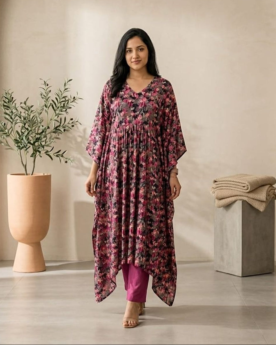 Elegant printed kaftan set featuring flowy sleeves, AYLIN0045