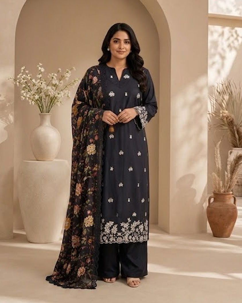 Charcoal Black with Ivory Embroidery Set AYLIN0038