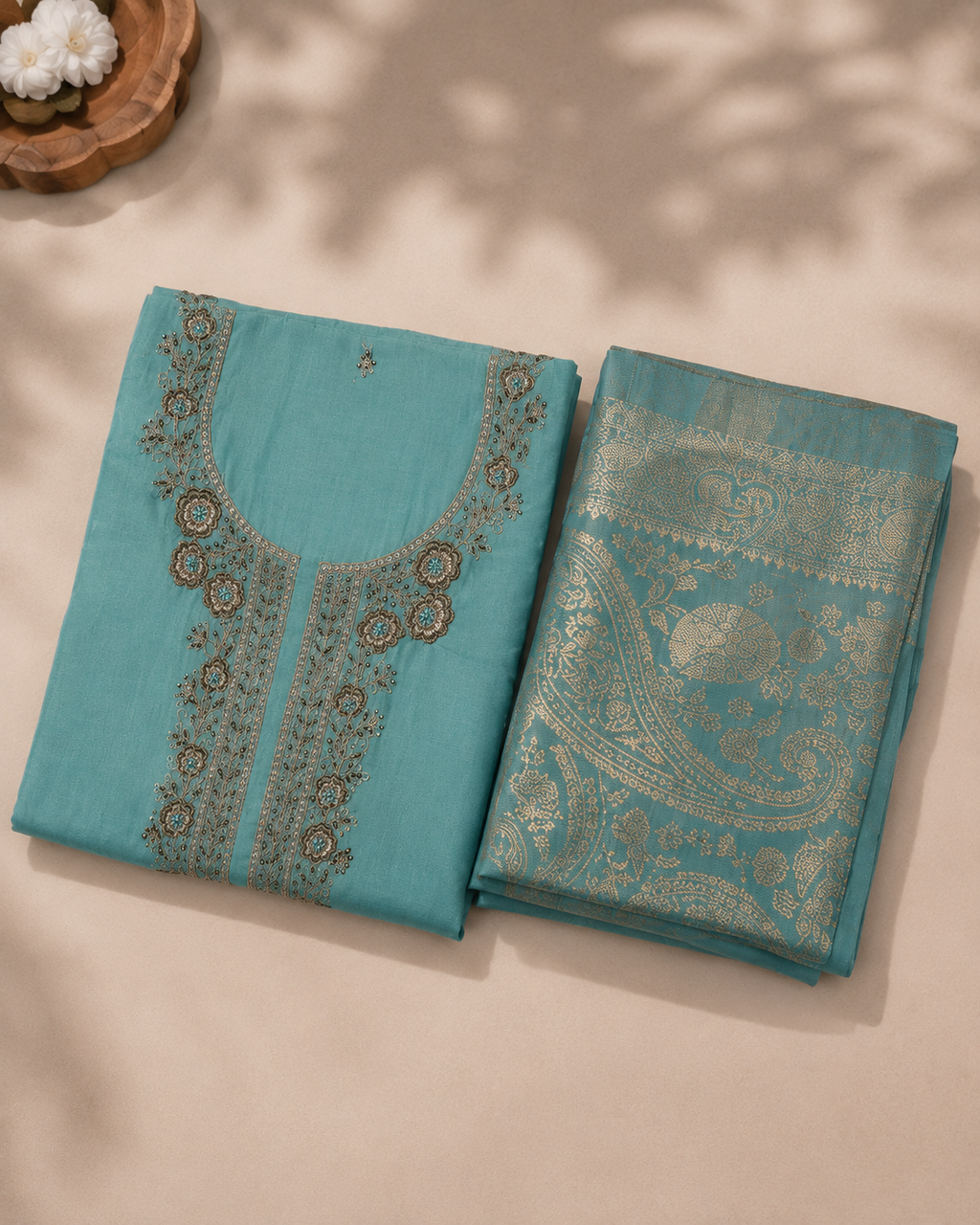 Soft Aqua Mul Chanderi  Suit with embroidered Neckline and Pure Banarasi dupatta