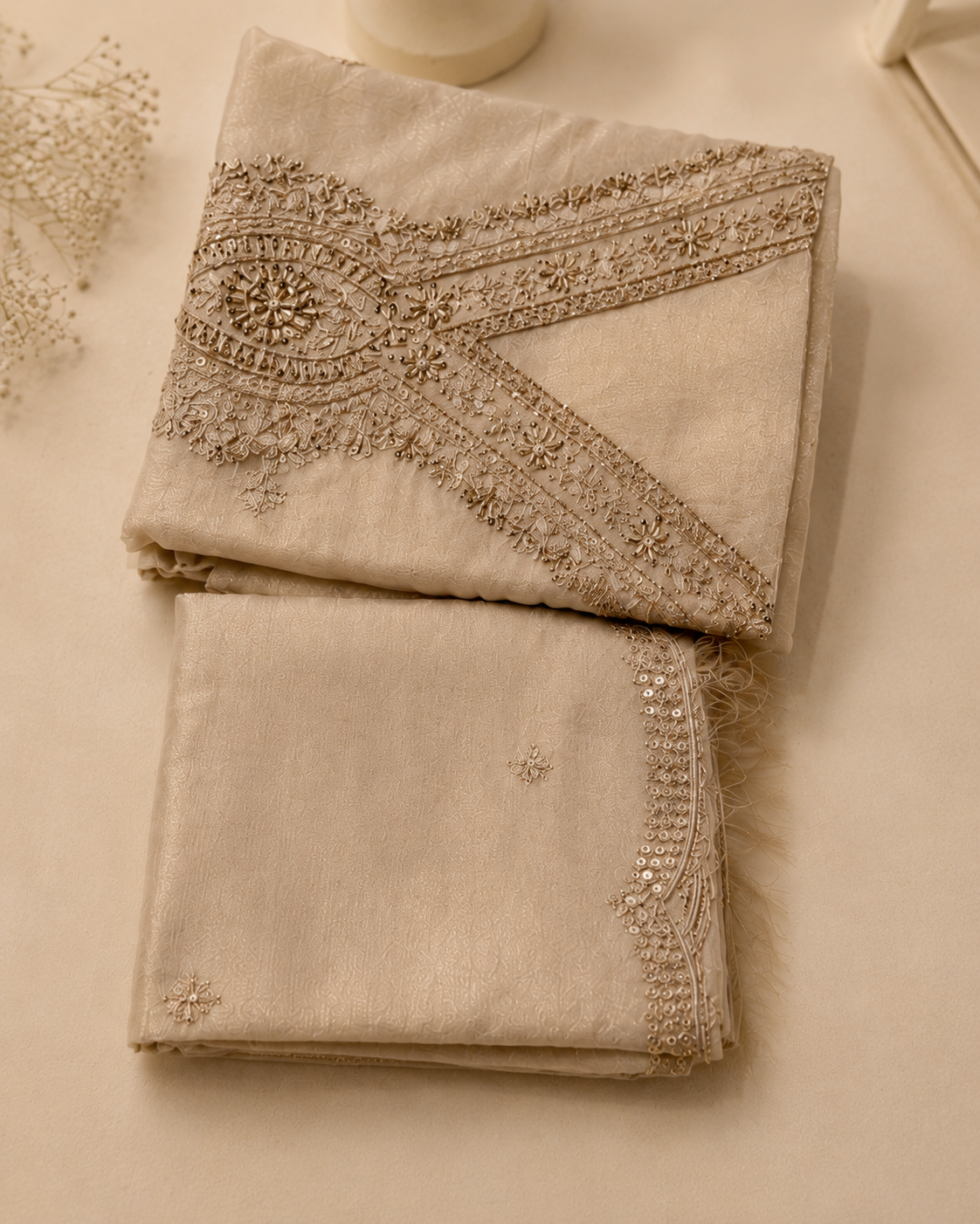 Ivory Beige Suit with Embrioiderd Neckline and Pure Silk Tissue Dupatta