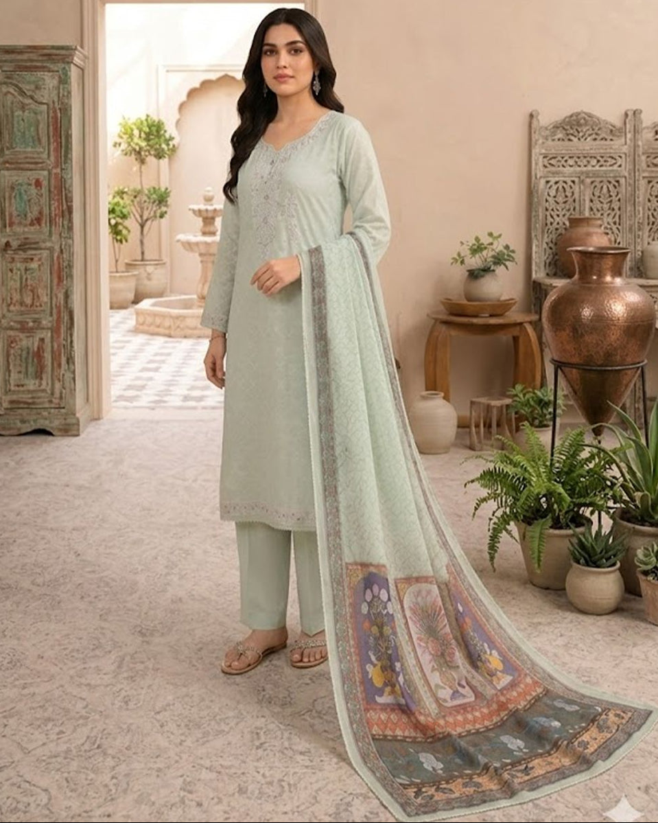 Pastel Mint Green Heavy embroidery worked yoke 3 pic set AYLIN0028