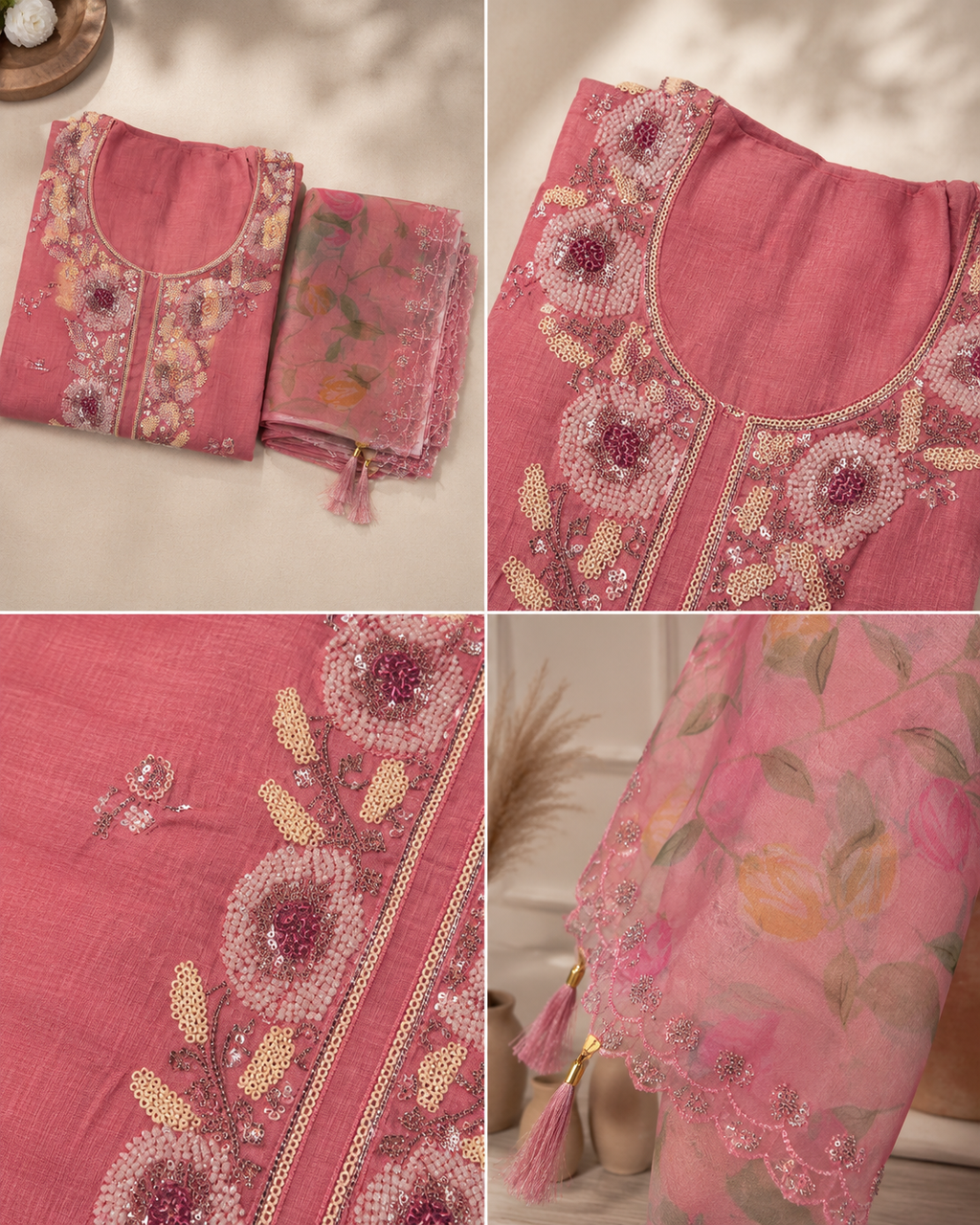 Soft Coral Pink Mul Chanderi Suit with embroided Neckline and Organza dupatta