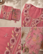 Soft Coral Pink Mul Chanderi Suit with embroided Neckline and Organza dupatta