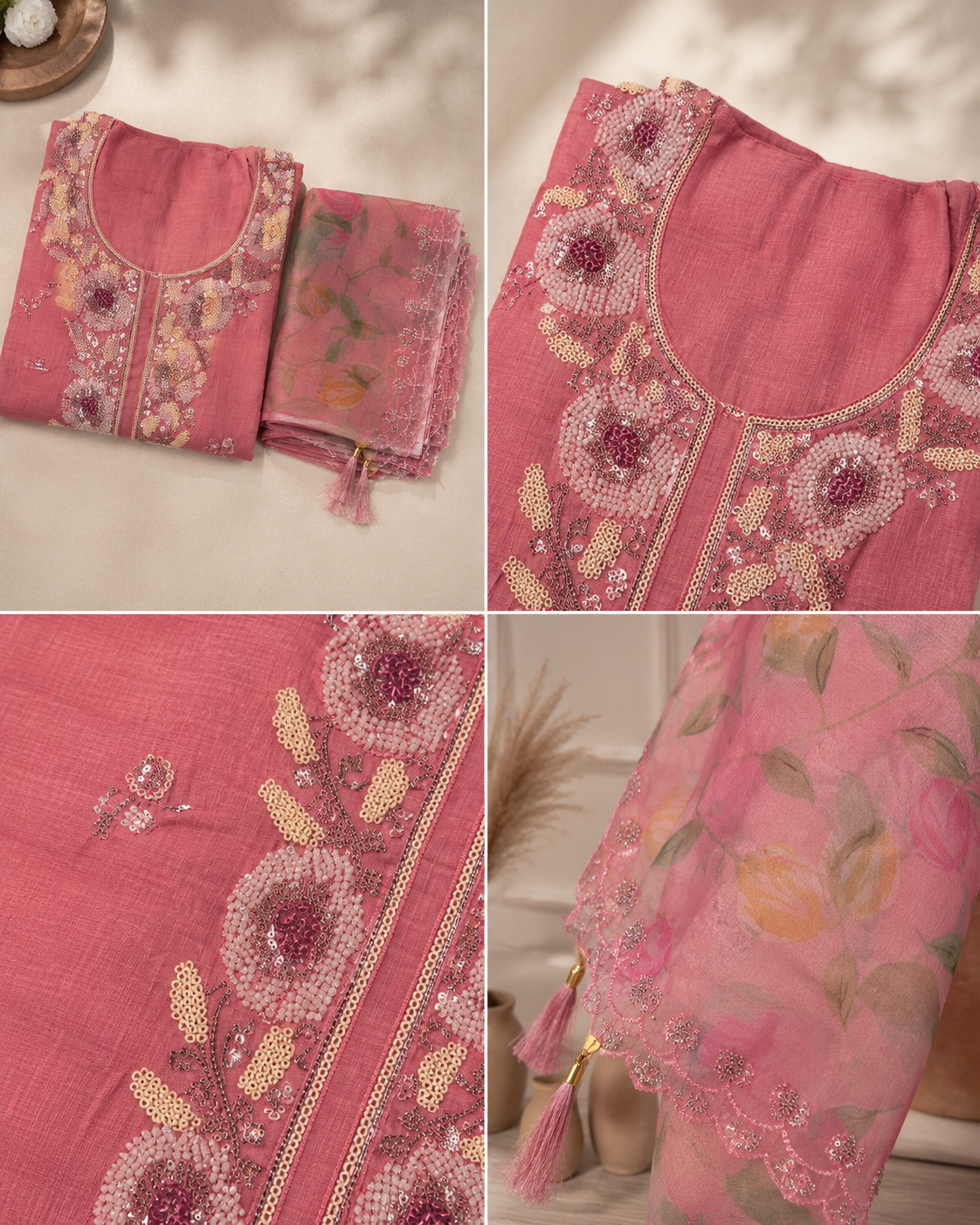Soft Coral Pink Mul Chanderi Suit with embroided Neckline and Organza dupatta