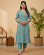 Blue printed yock embridered cotton cordset AYLN002