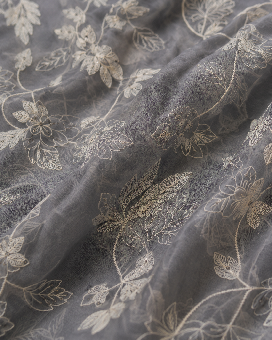 Charcoal Grey Mul Chanderi Embroidered Fabric