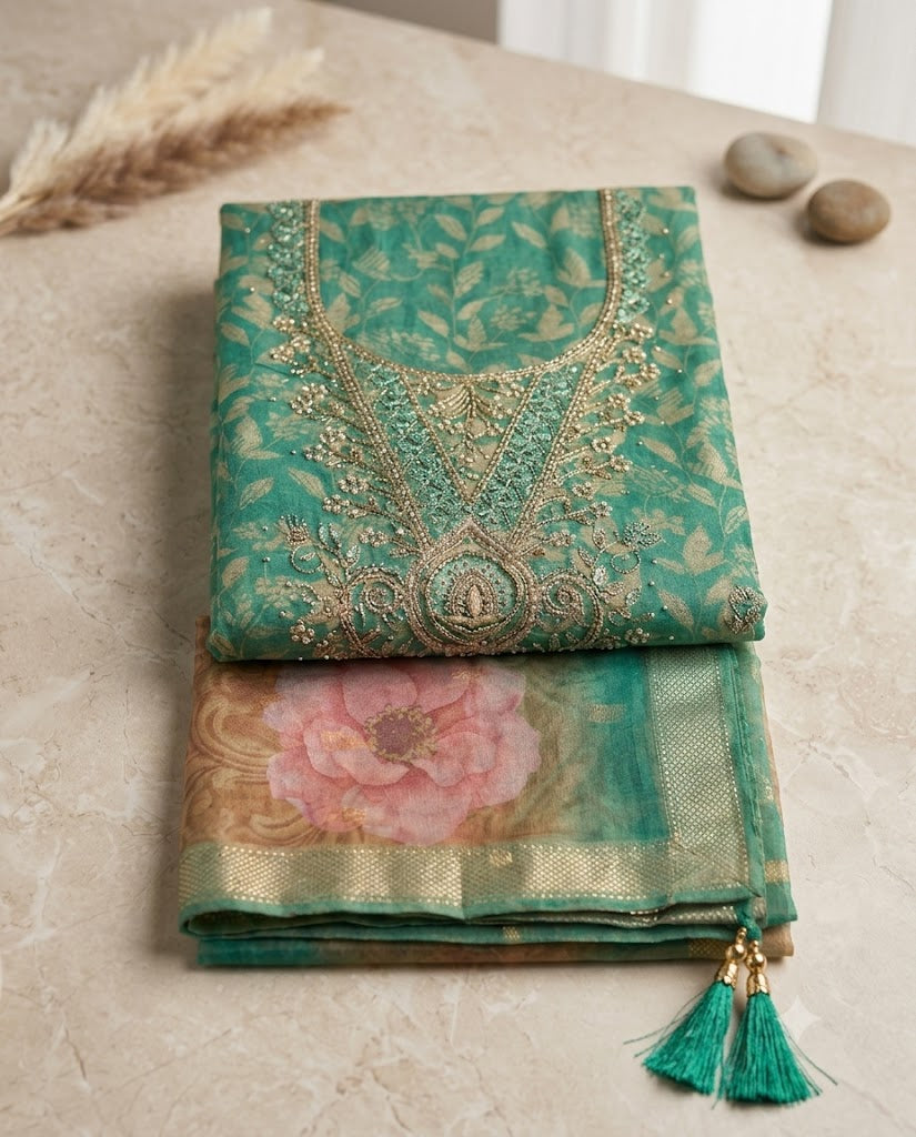 Sea Green Printed Lawn Suit with Embroidered Neckline & Pure Chiffon Dupatta