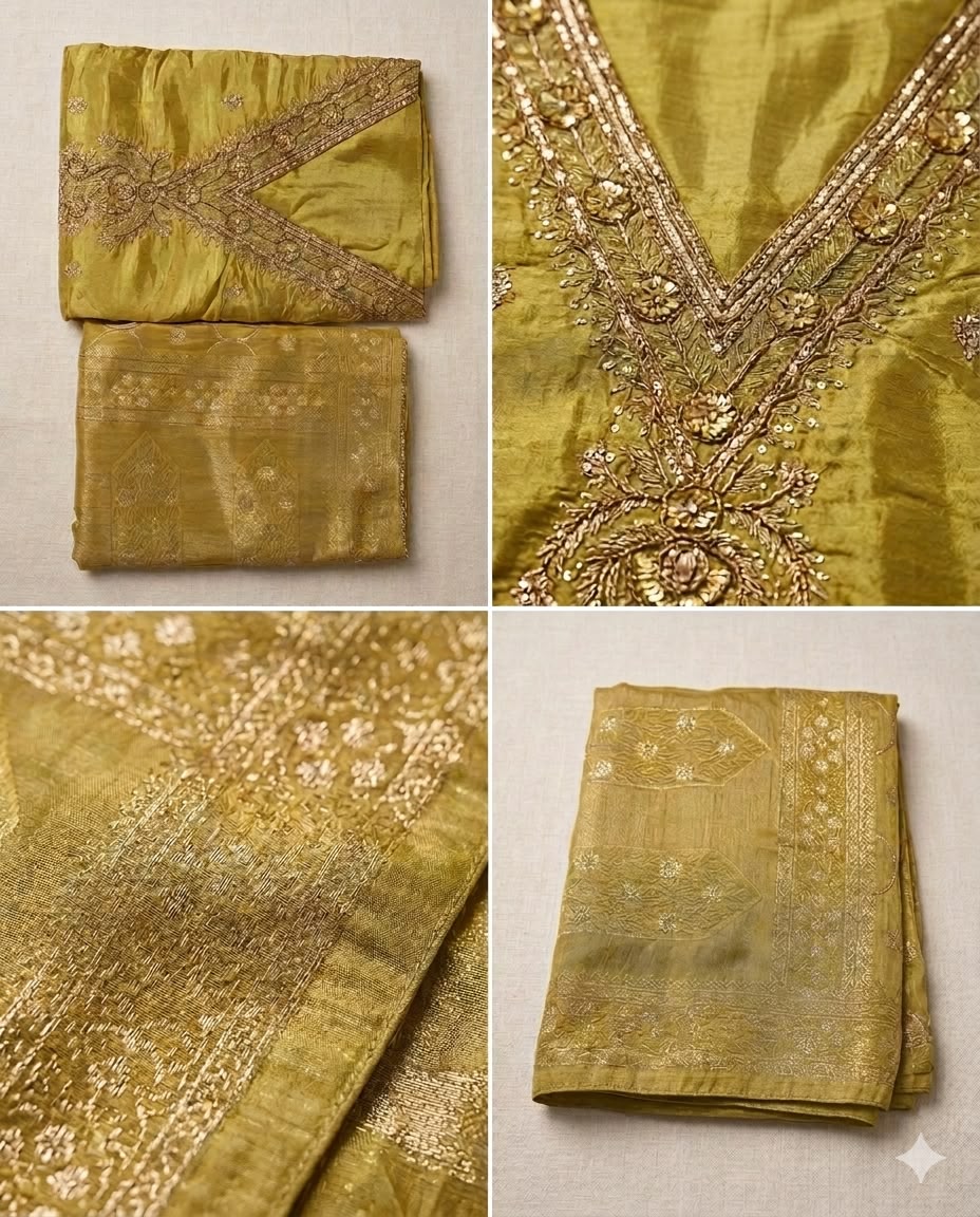 Olive Gold Suit with Embroided Neckline and Pure Silk Tissue Dupatta