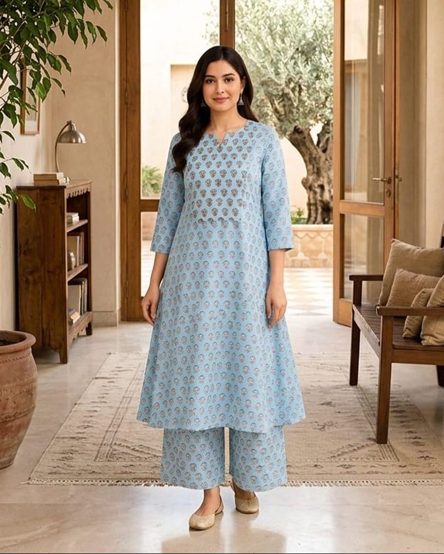 light blue, printed cotton A-line kurta (top) AYLIN0044
