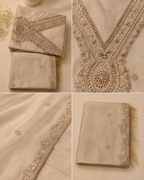 Ivory Beige Suit with Embrioiderd Neckline and Pure Silk Tissue Dupatta