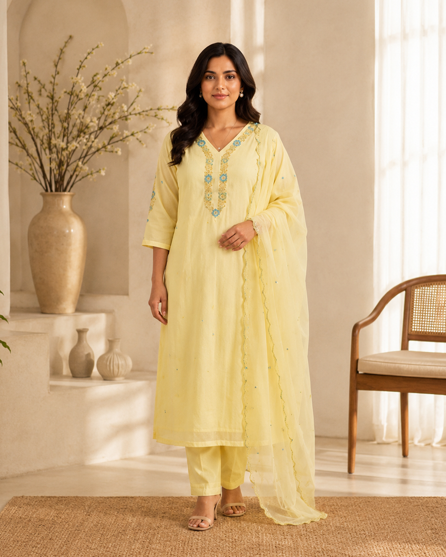Soft Pastel Lemon Yellow Hand Embellishment with Multicoloured Threadwork AYLN0012