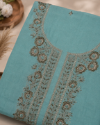 Soft Aqua Mul Chanderi  Suit with embroidered Neckline and Pure Banarasi dupatta