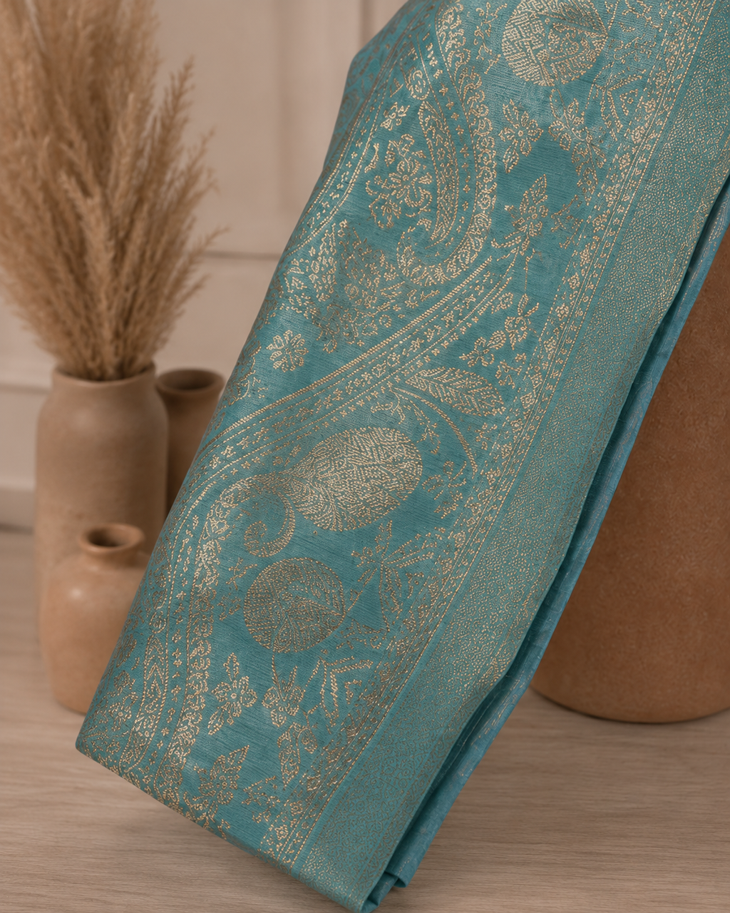 Soft Aqua Mul Chanderi  Suit with embroidered Neckline and Pure Banarasi dupatta
