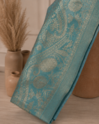 Soft Aqua Mul Chanderi  Suit with embroidered Neckline and Pure Banarasi dupatta
