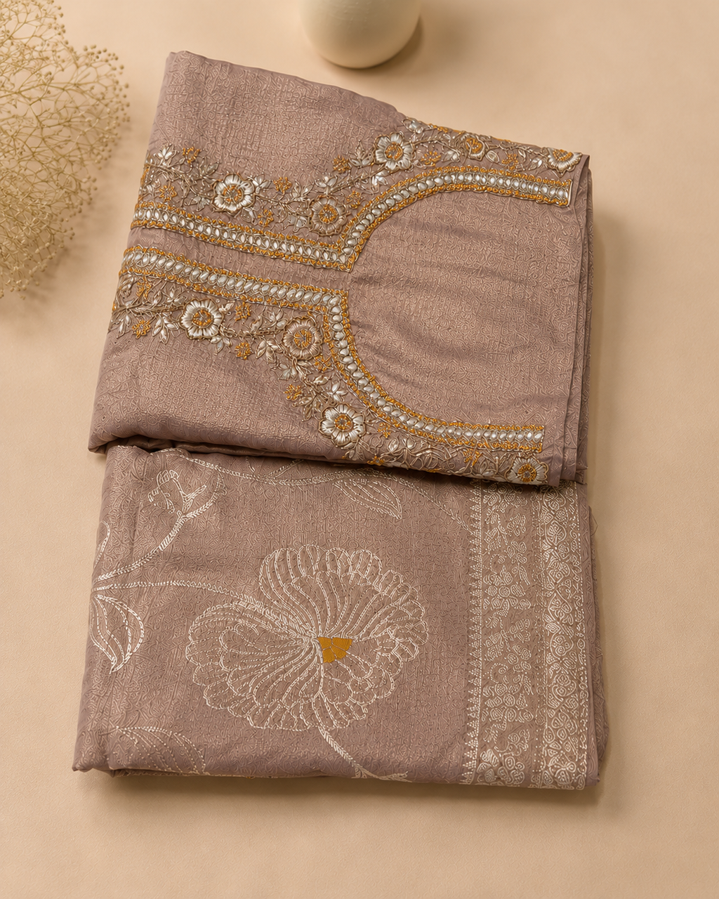 Dusty Mauve Suit with Embroidered Neckline and Pure Silk Tissue Dupatta