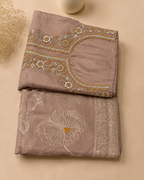 Dusty Mauve Suit with Embroidered Neckline and Pure Silk Tissue Dupatta