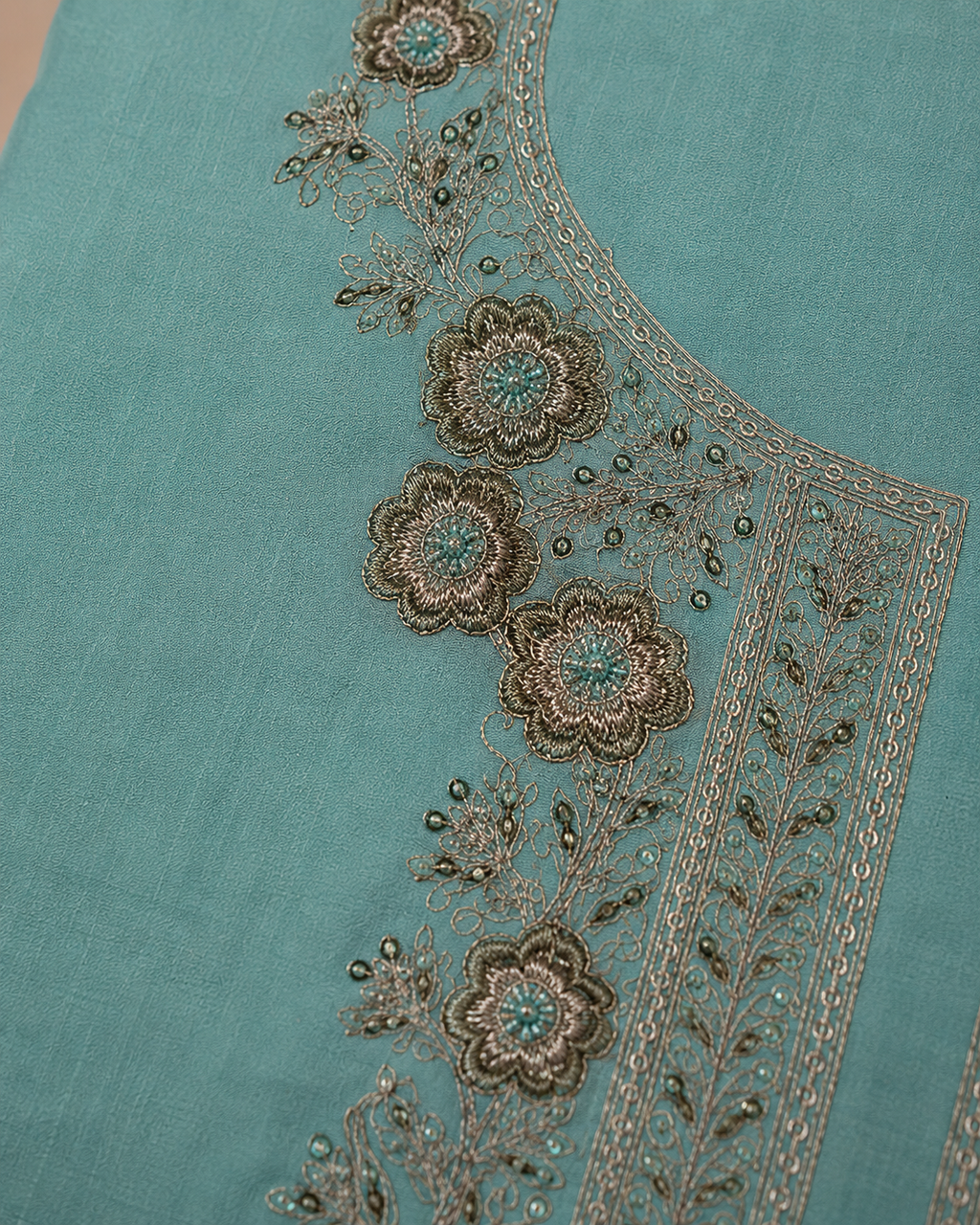 Soft Aqua Mul Chanderi  Suit with embroidered Neckline and Pure Banarasi dupatta