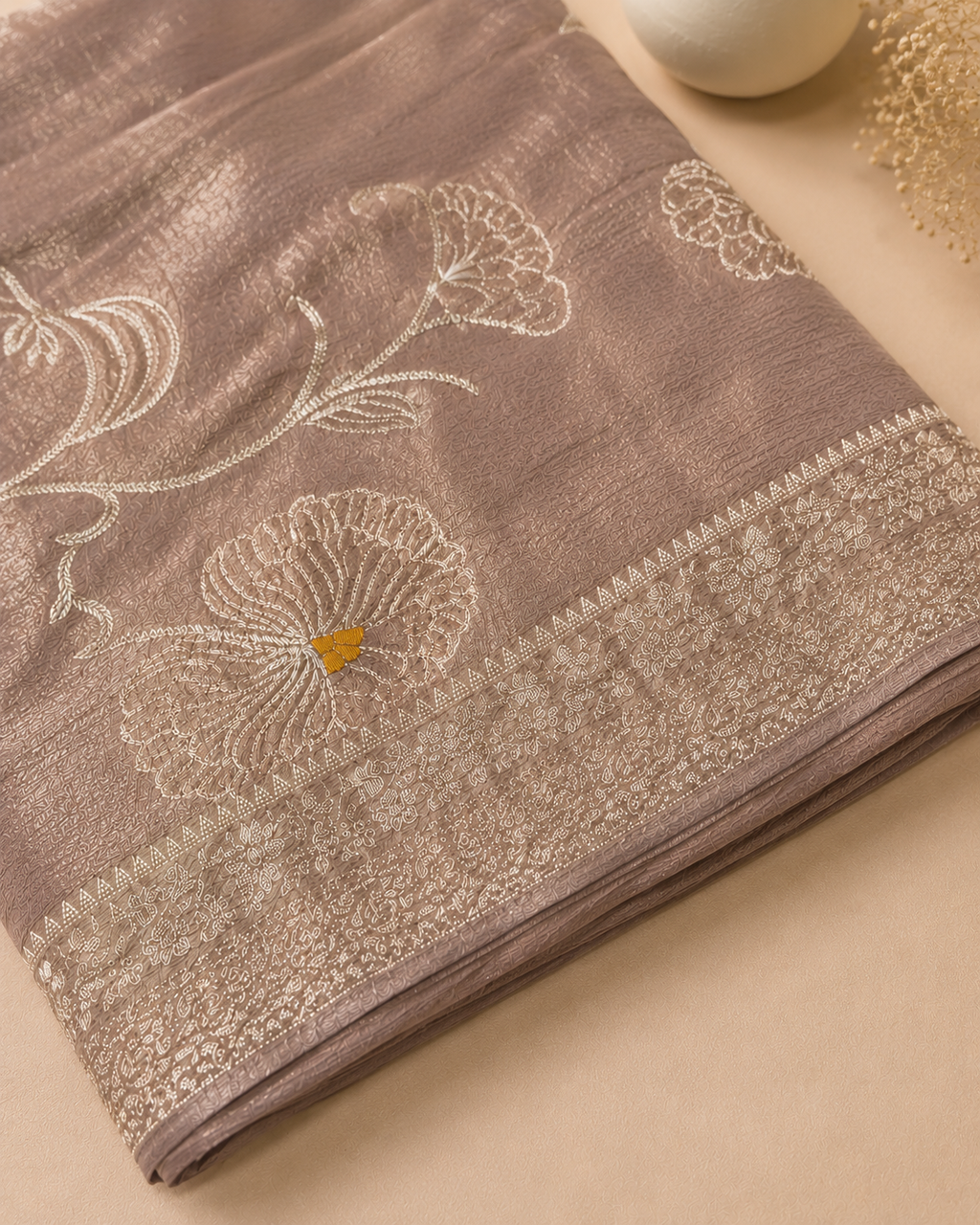 Dusty Mauve Suit with Embroidered Neckline and Pure Silk Tissue Dupatta