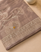 Dusty Mauve Suit with Embroidered Neckline and Pure Silk Tissue Dupatta