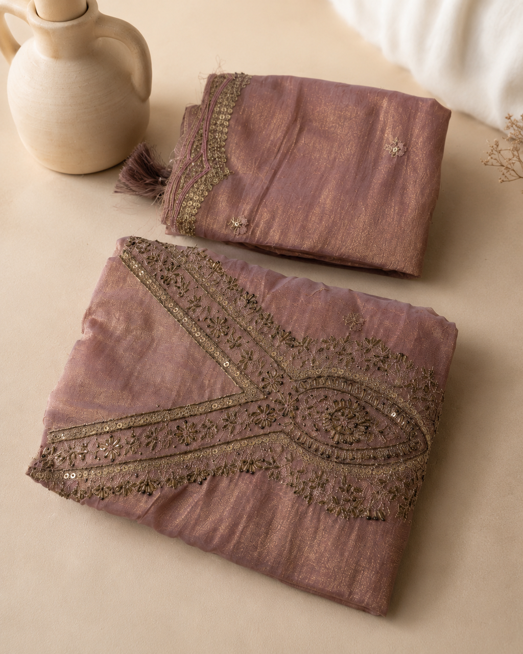 Dusty Mauve Rose pure soft tissue Suit with  pure Tissue Silk dupatta
