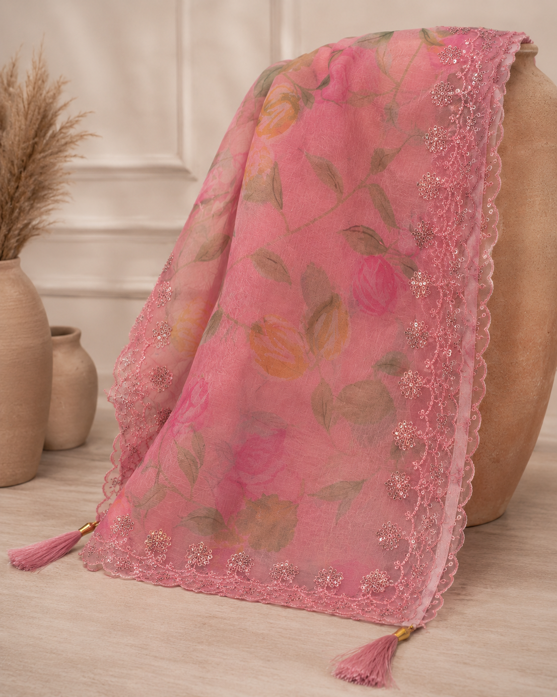 Soft Coral Pink Mul Chanderi Suit with embroided Neckline and Organza dupatta