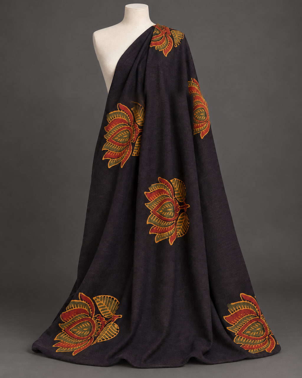 Charcoal Fabric with Rust and Mustard Floral Print