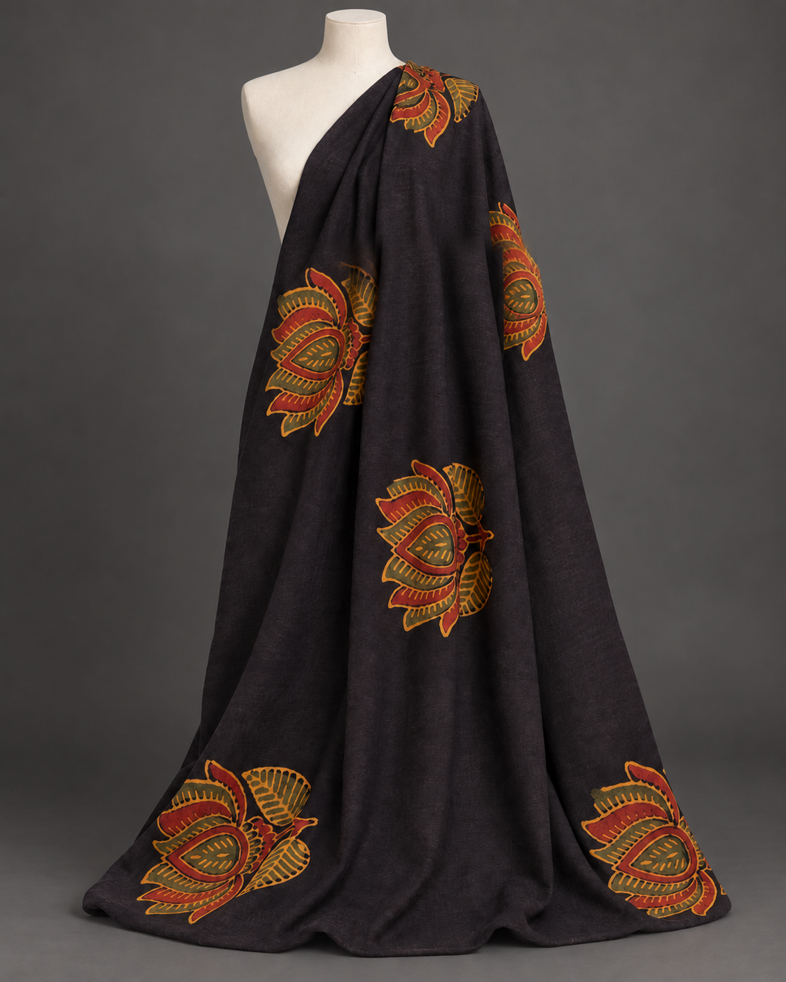 Charcoal Fabric with Rust and Mustard Floral Print