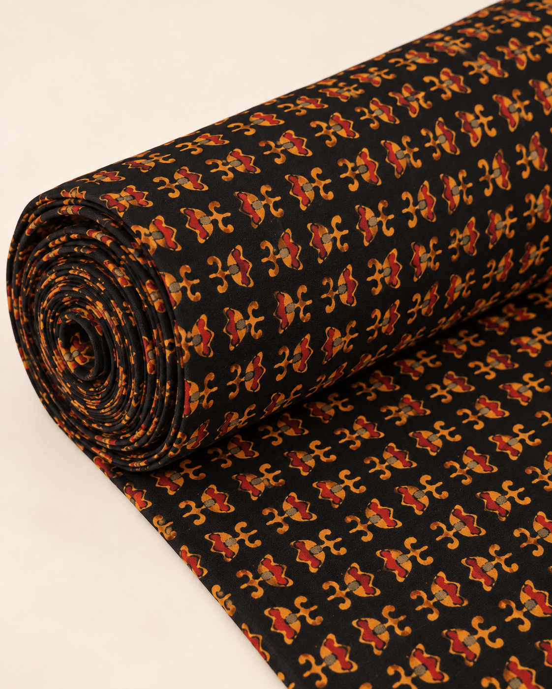 Black Fabric with Mustard & Rust Floral Motifs