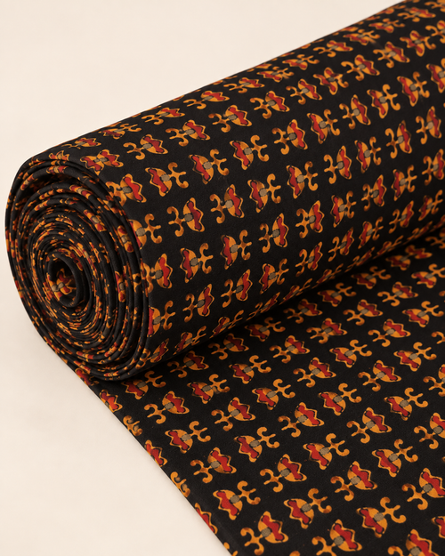 Black Fabric with Mustard & Rust Floral Motifs