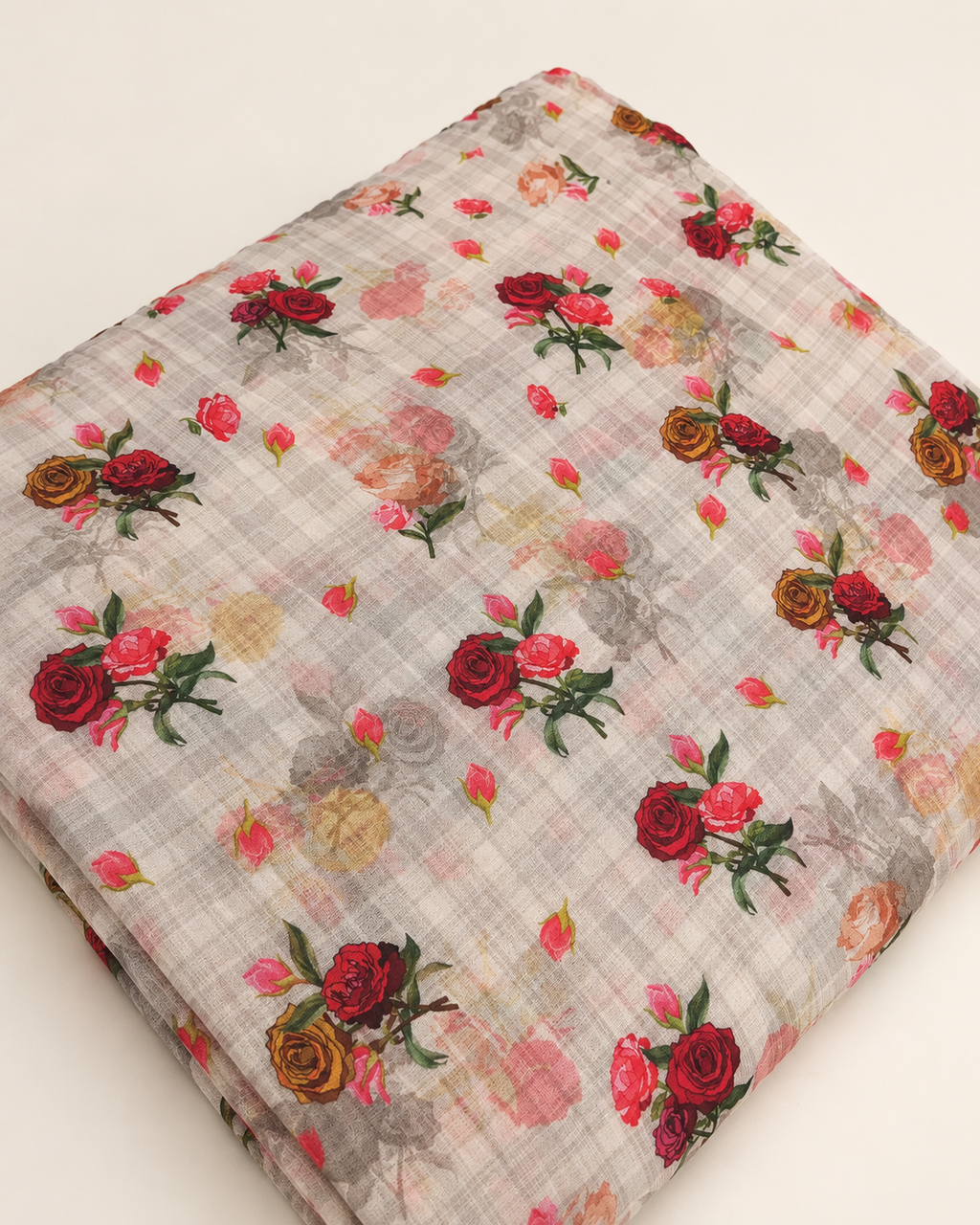 Ivory Multicolour Rose Floral Print Fabric