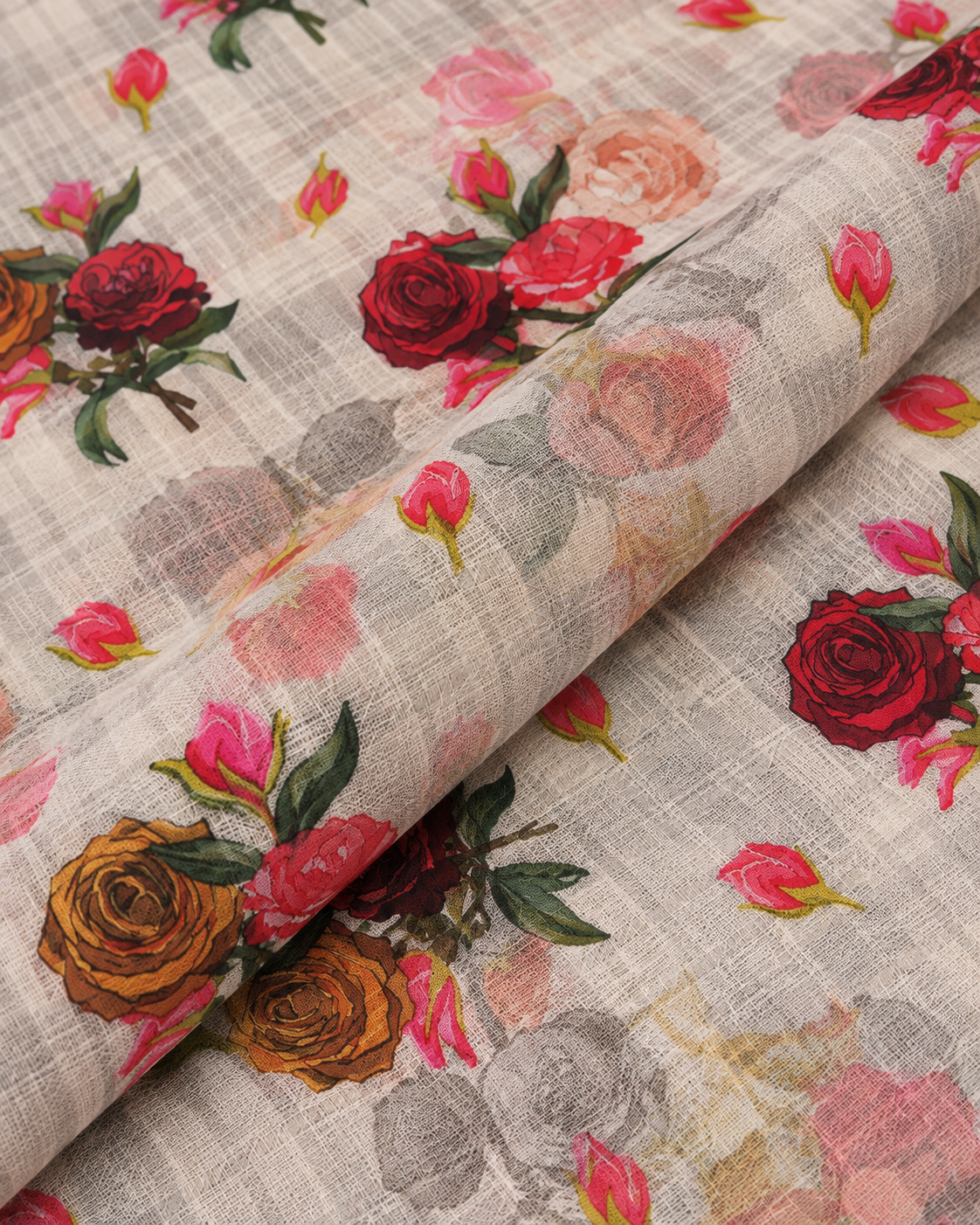 Ivory Multicolour Rose Floral Print Fabric
