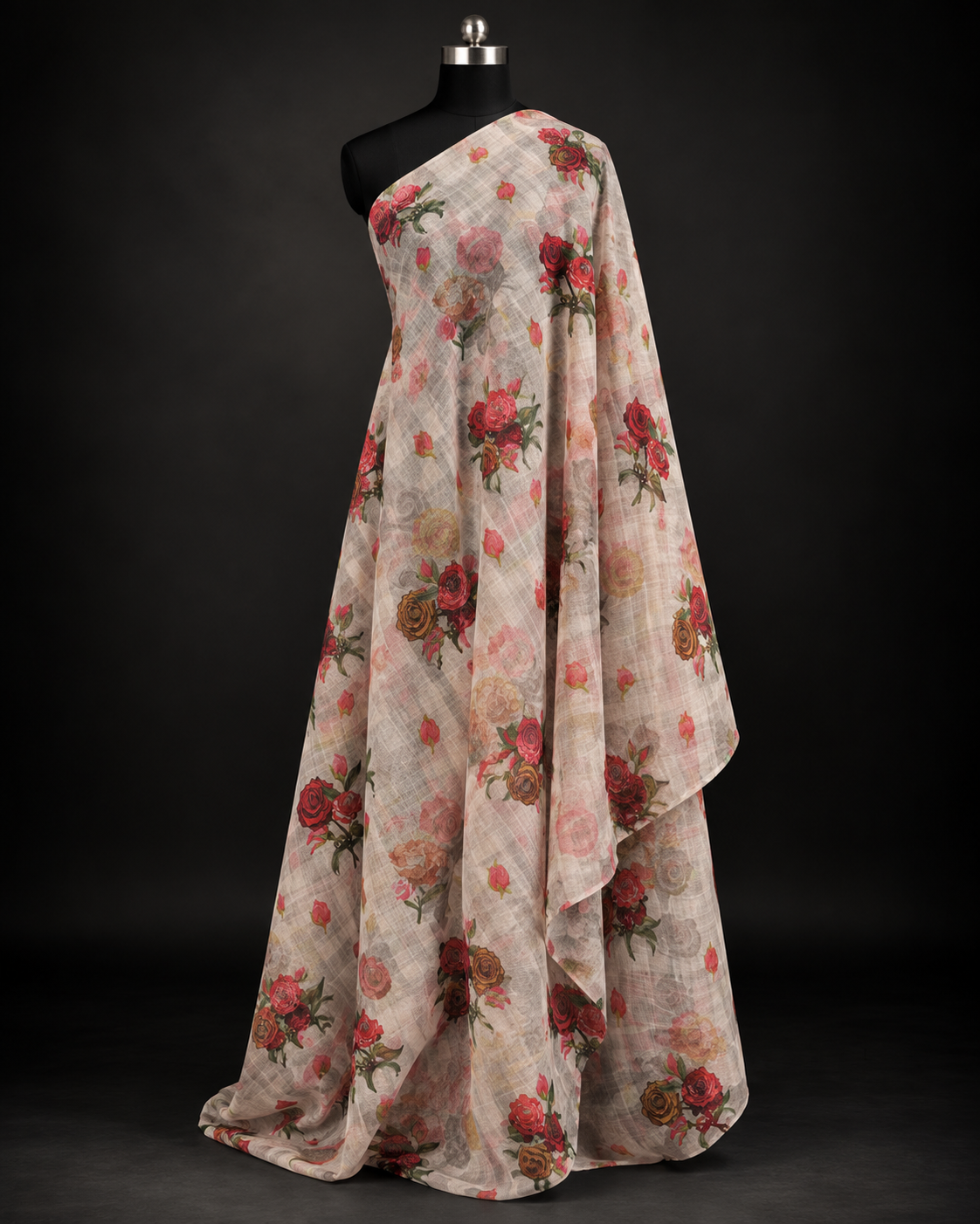 Ivory Multicolour Rose Floral Print Fabric