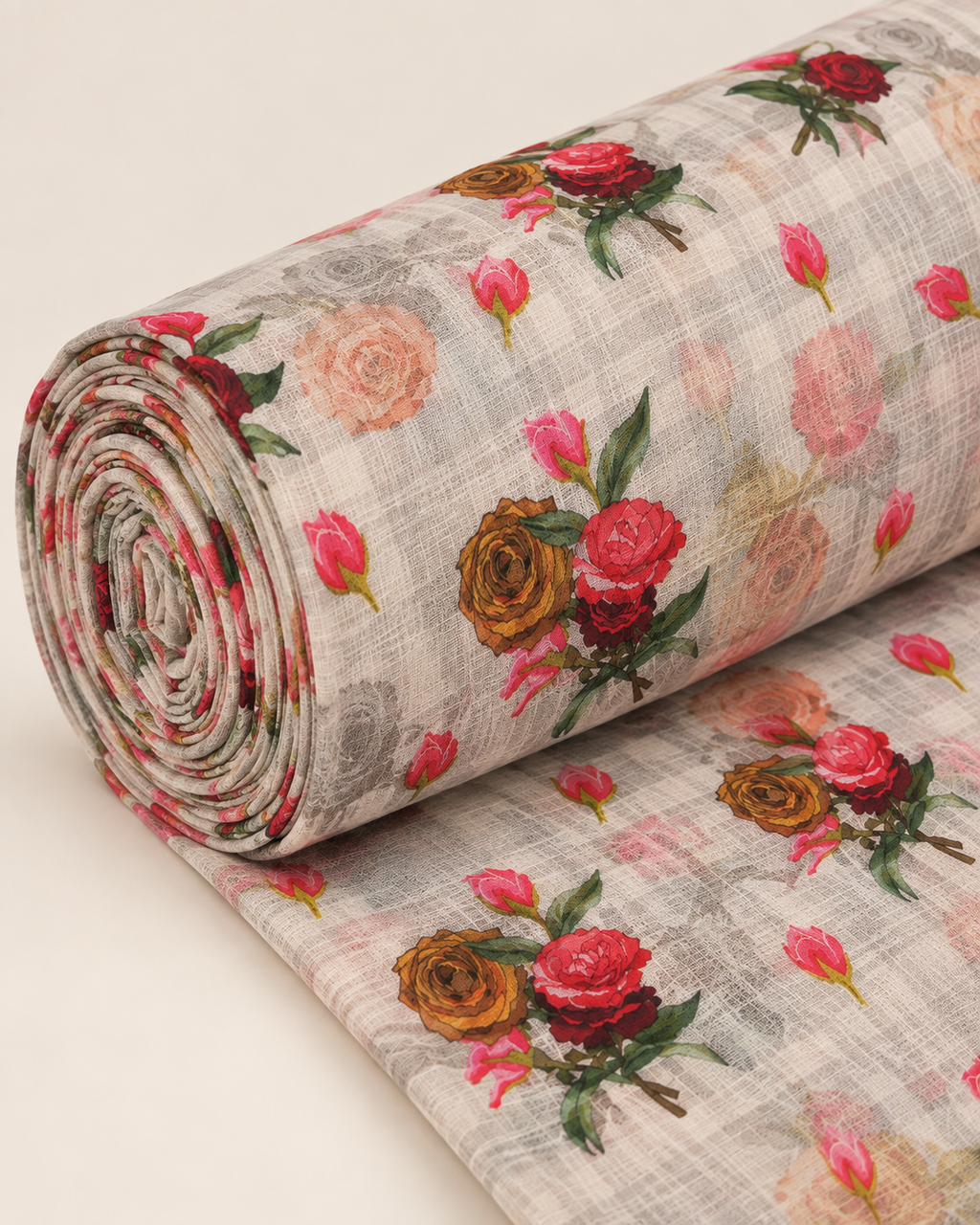 Ivory Multicolour Rose Floral Print Fabric