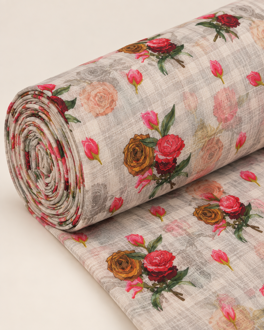 Ivory Multicolour Rose Floral Print Fabric