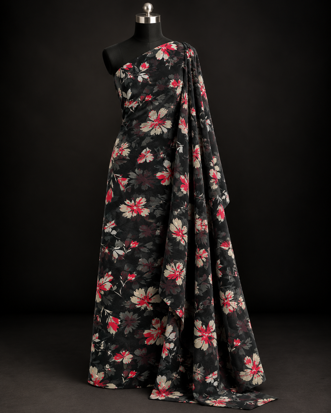Black Red & Ivory Floral Print Fabric