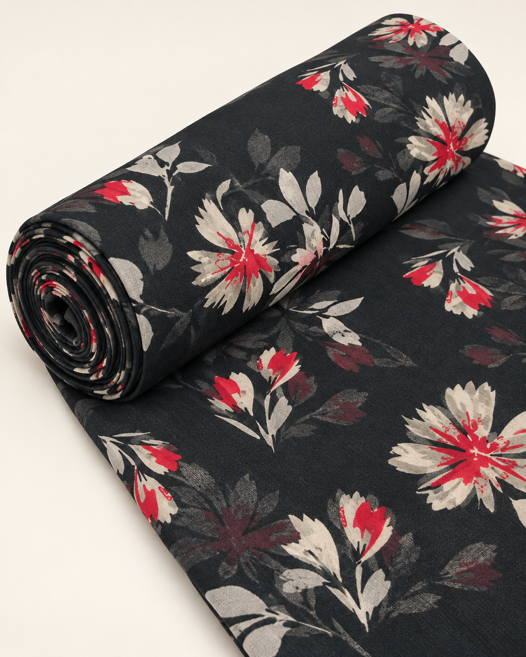Black Red & Ivory Floral Print Fabric