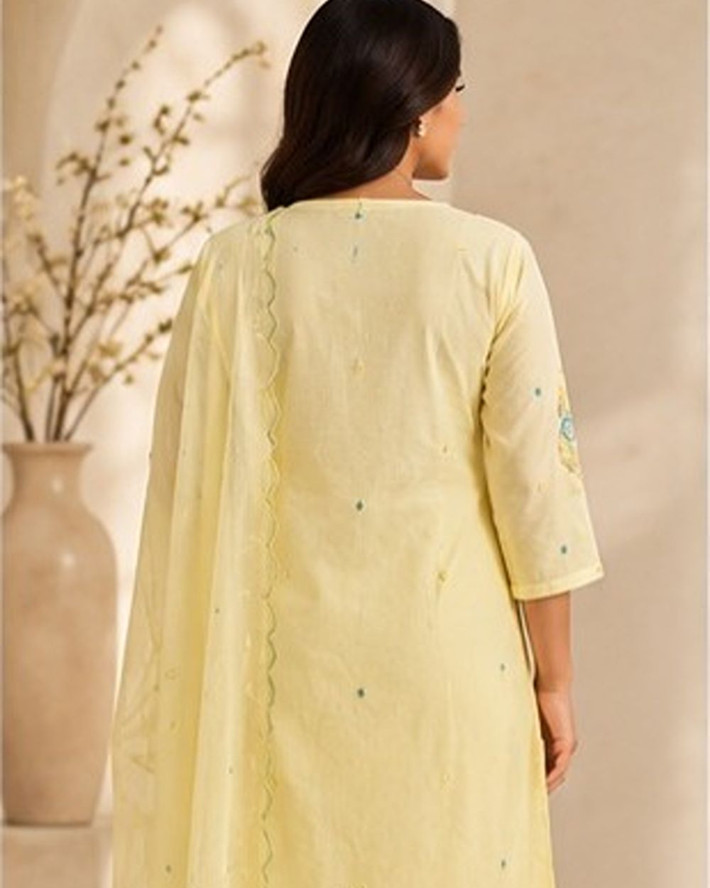 Soft Pastel Lemon Yellow Hand Embellishment with Multicoloured Threadwork AYLN0012