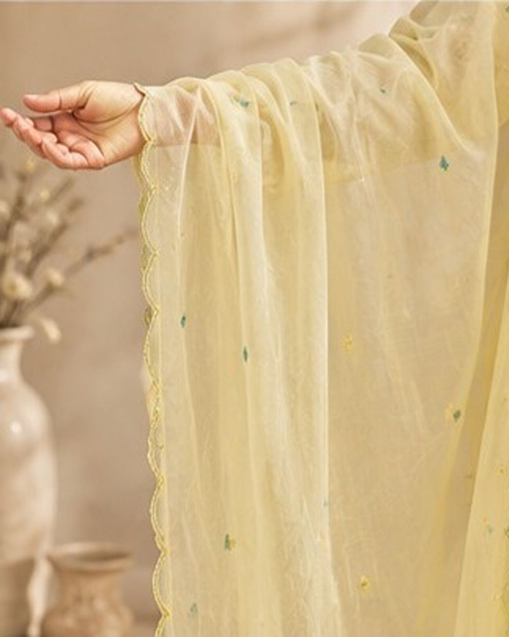 Soft Pastel Lemon Yellow Hand Embellishment with Multicoloured Threadwork AYLN0012