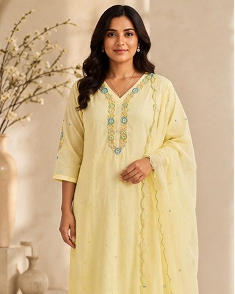 Soft Pastel Lemon Yellow Hand Embellishment with Multicoloured Threadwork AYLN0012