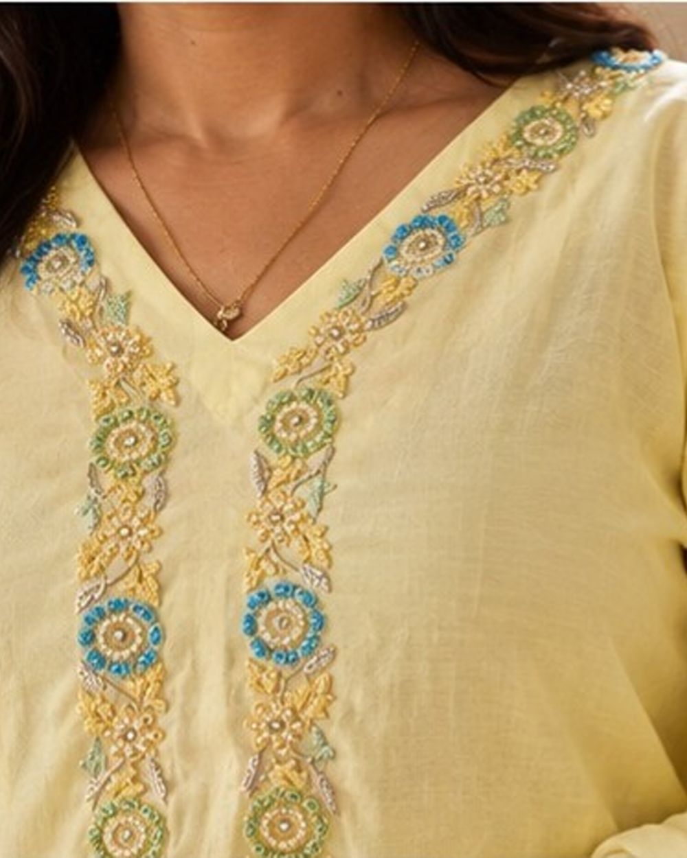 Soft Pastel Lemon Yellow Hand Embellishment with Multicoloured Threadwork AYLN0012