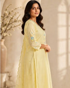 Soft Pastel Lemon Yellow Hand Embellishment with Multicoloured Threadwork AYLN0012