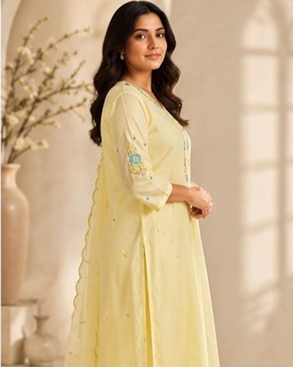 Soft Pastel Lemon Yellow Hand Embellishment with Multicoloured Threadwork AYLN0012
